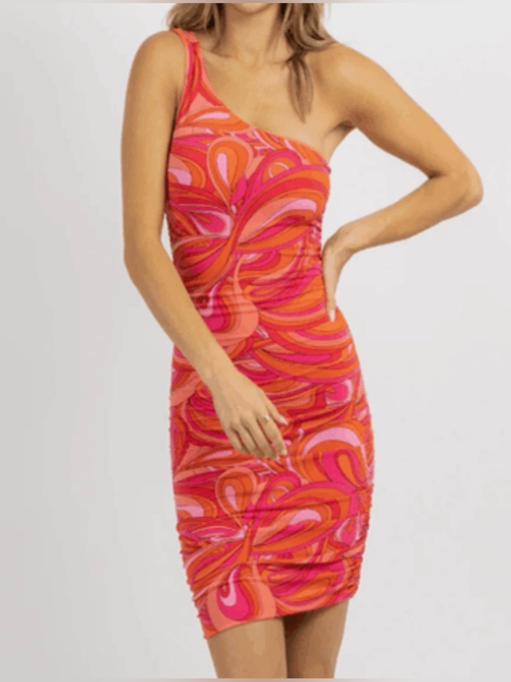 NWT Olivaceous One-Shoulder Pink and Orange Swirl Stretchy Bodycon Dress
